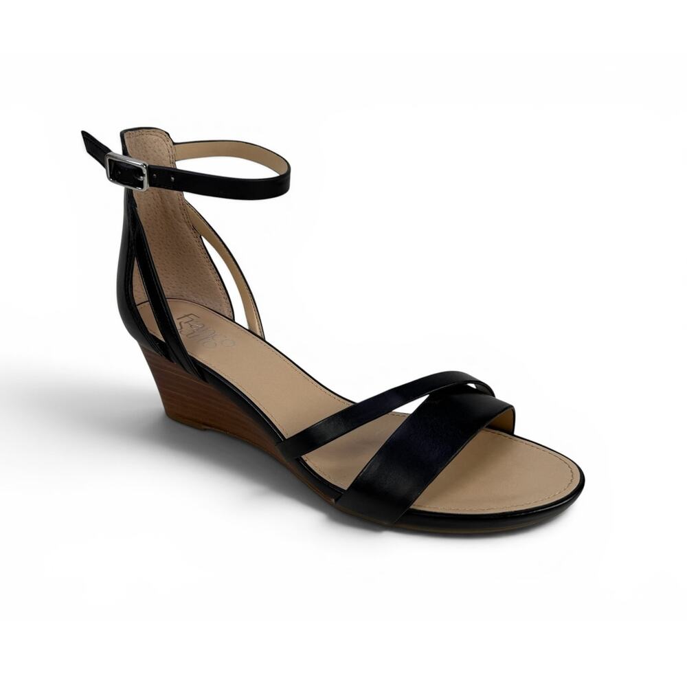 Franco Sarto Davina 2 Wedge Sandals Womens 9 M Black Upper Ankle Strap Buckle
